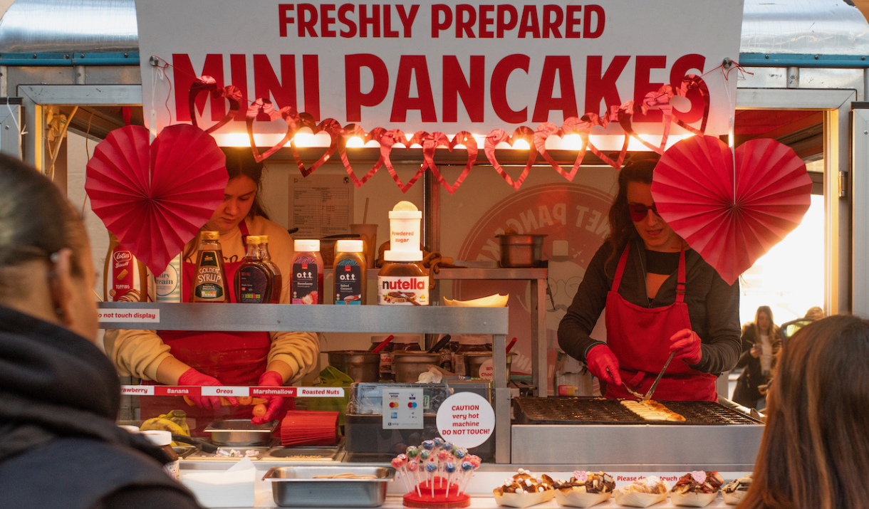 Greenwich Market's Planet Pancake stall decorated for Valentine's Day